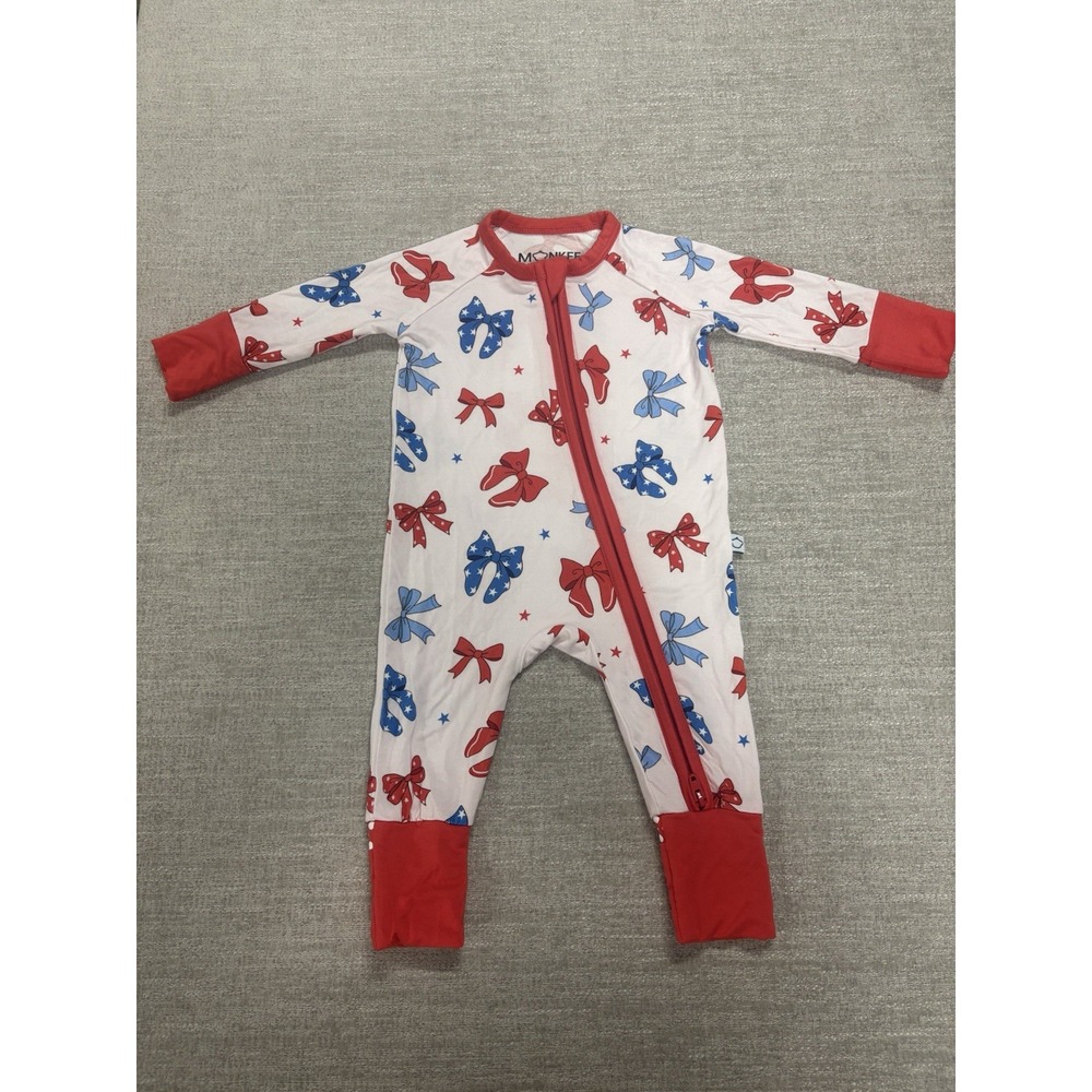 Monkeeroos Red White Blue Bows Bamboo Pajama Zippy Size Newborn NWOT
